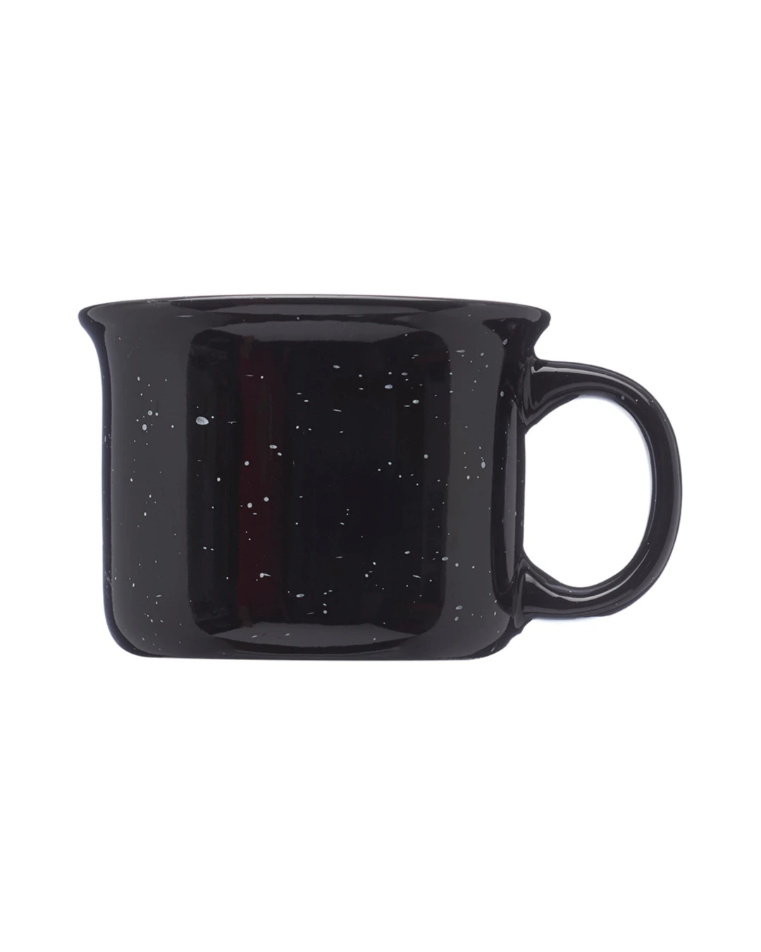 Custom 7.5 oz speckled campfire mug in black with a flared rim and C-handle
