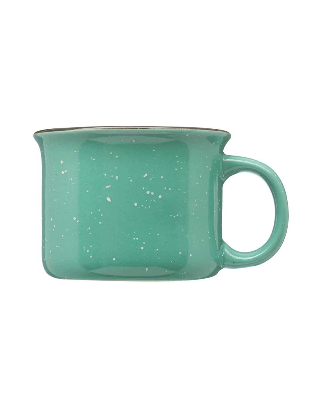Custom 7.5 oz speckled campfire mug in cool mint with a flared rim and C-handle