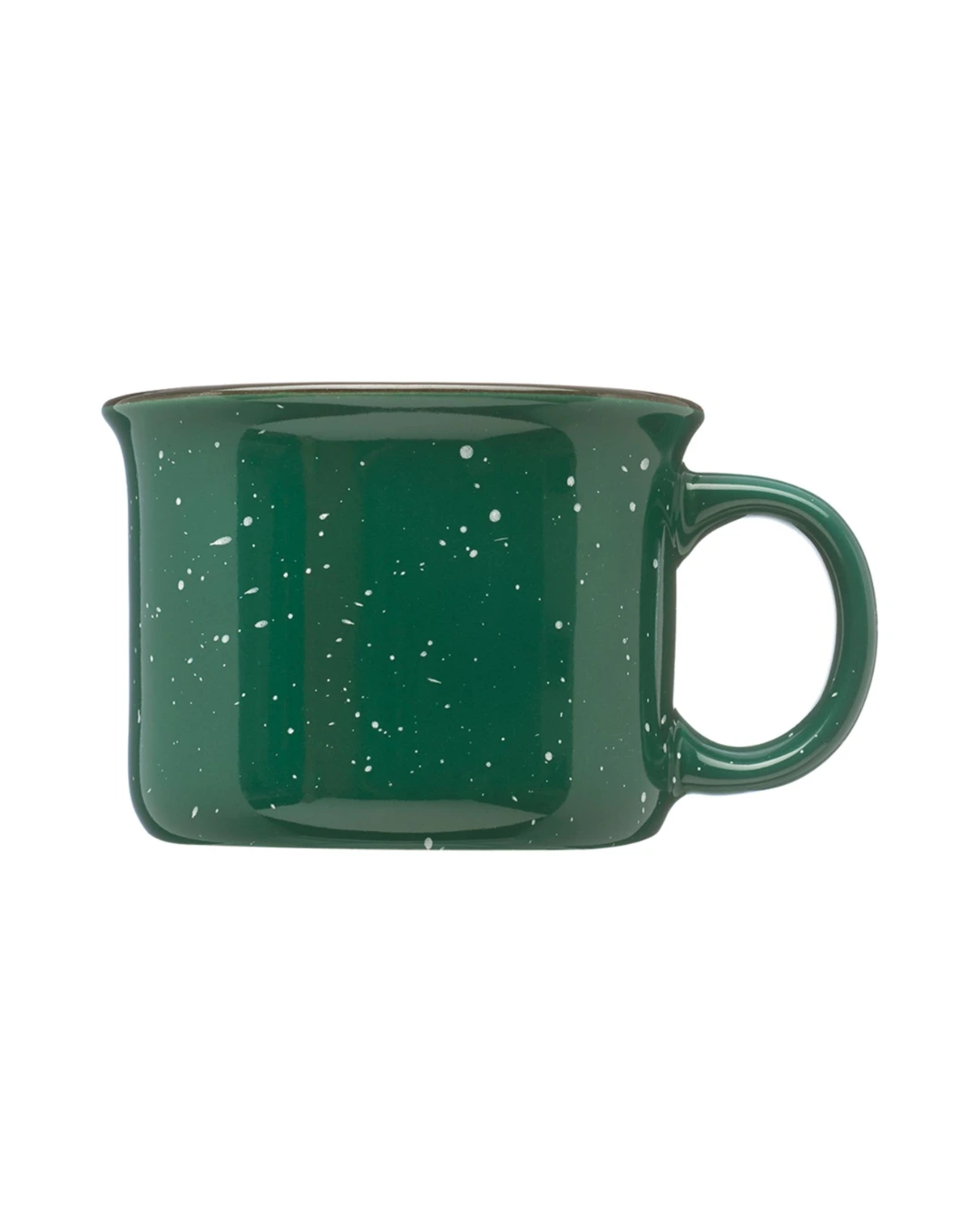 Custom 7.5 oz speckled campfire mug in forest green with a flared rim and C-handle