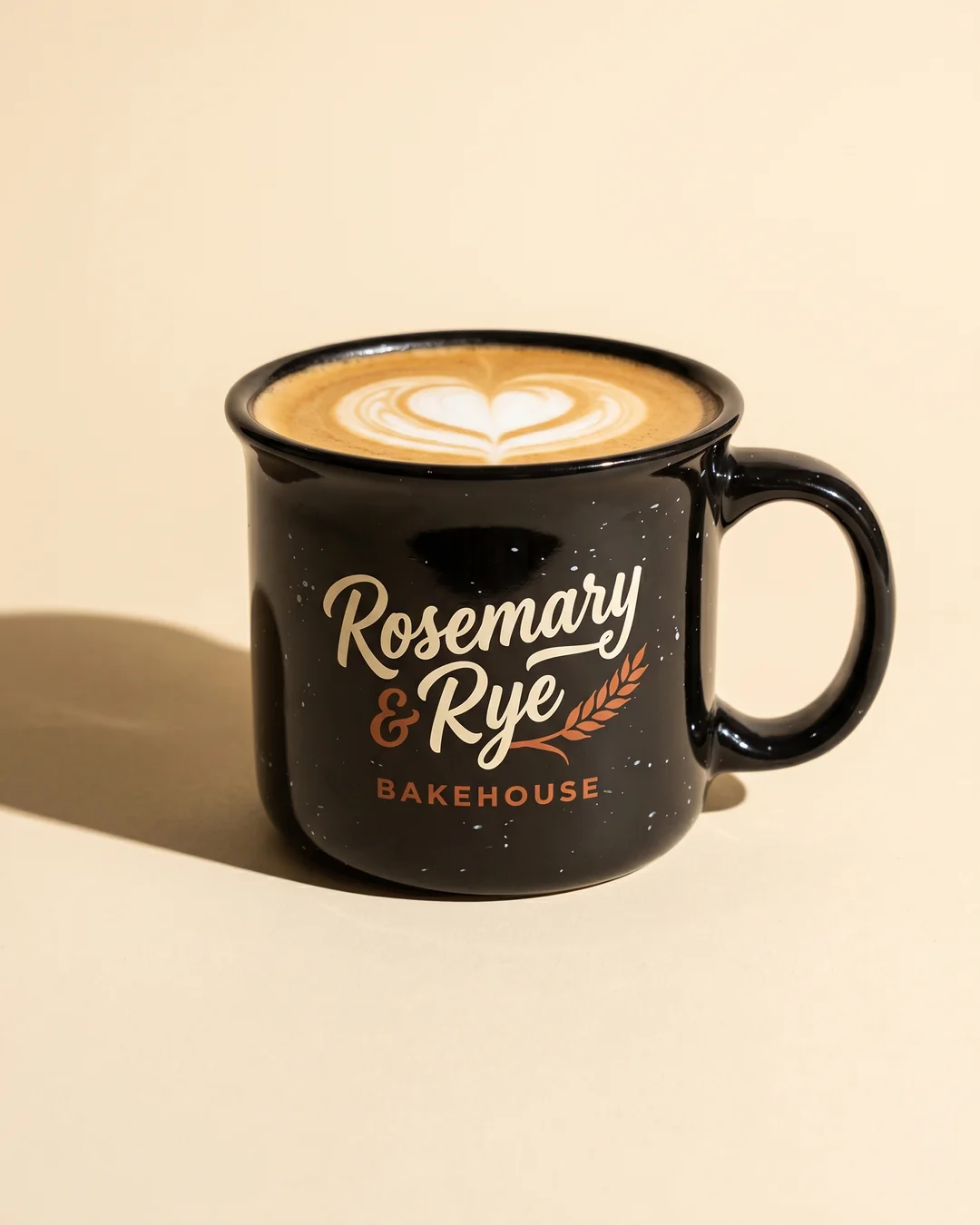 Black speckled 7.5 oz custom campfire mug with a full color bakery script logo and a cortado, side view of the flared rim