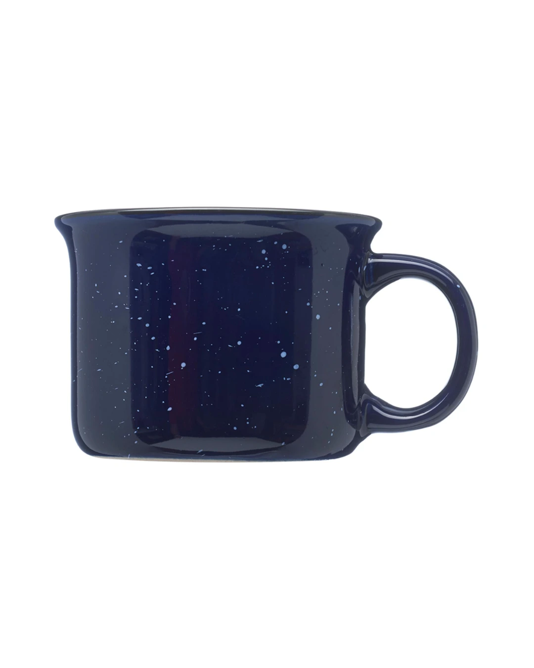Custom 7.5 oz speckled campfire mug in navy blue with a flared rim and C-handle