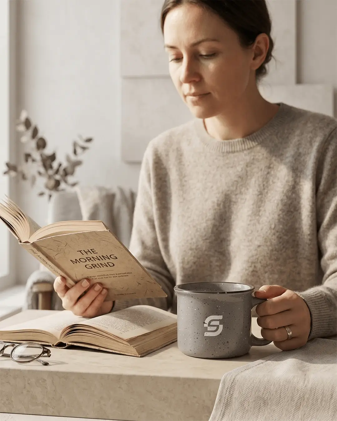 Woman reading a book with a gray speckled custom campfire mug in hand