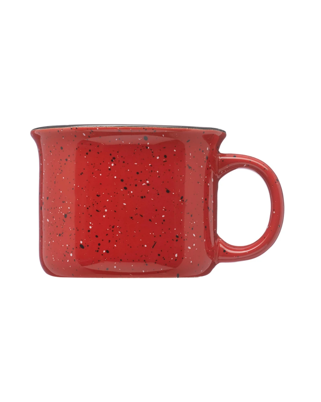 Custom 7.5 oz speckled campfire mug in red with a flared rim and C-handle