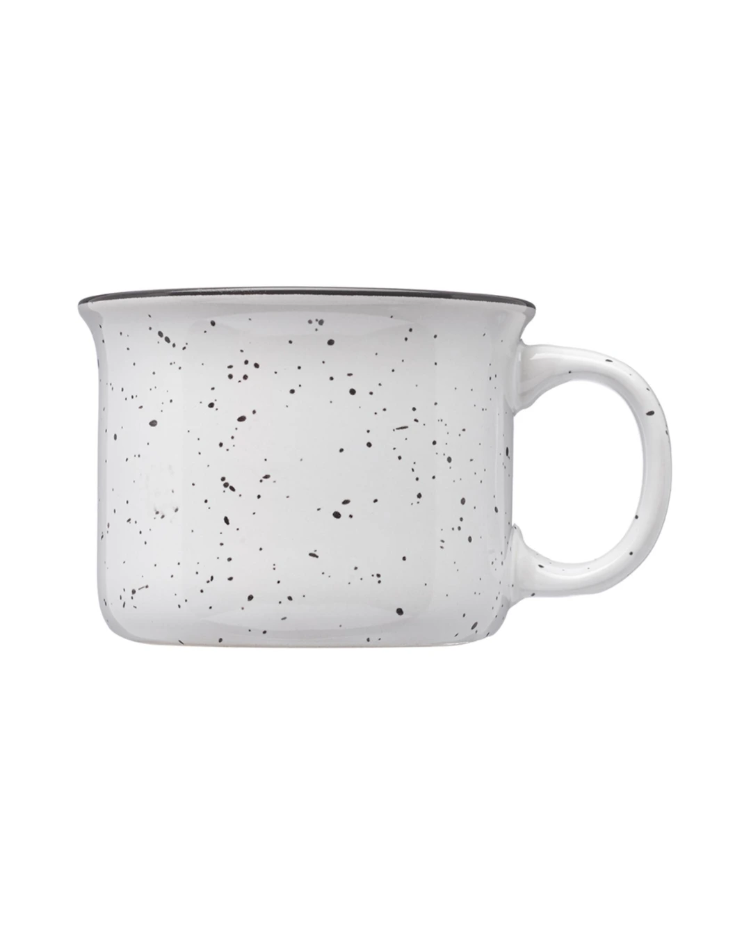 Custom 7.5 oz speckled campfire mug in white with a flared rim and C-handle
