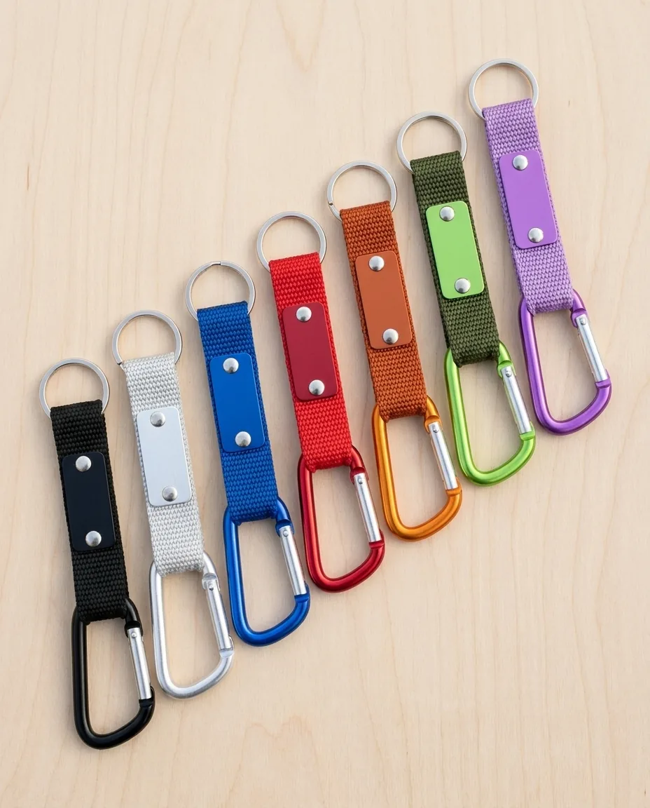 Custom carabiner keychains in seven colors laid in a row, anodized aluminum carabiners with straps and blank plates