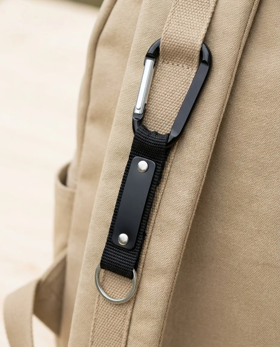 Custom carabiner keychains, black 6 cm aluminum carabiner with strap, blank metal plate and split ring clipped to a canvas backpack
