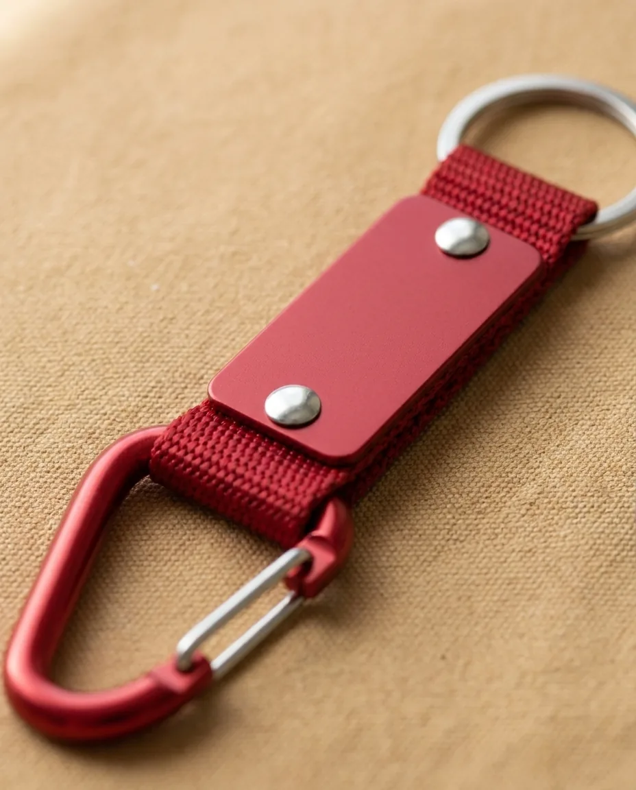 Custom carabiner keychains close-up, red woven strap with a blank riveted aluminum plate ready for engraving
