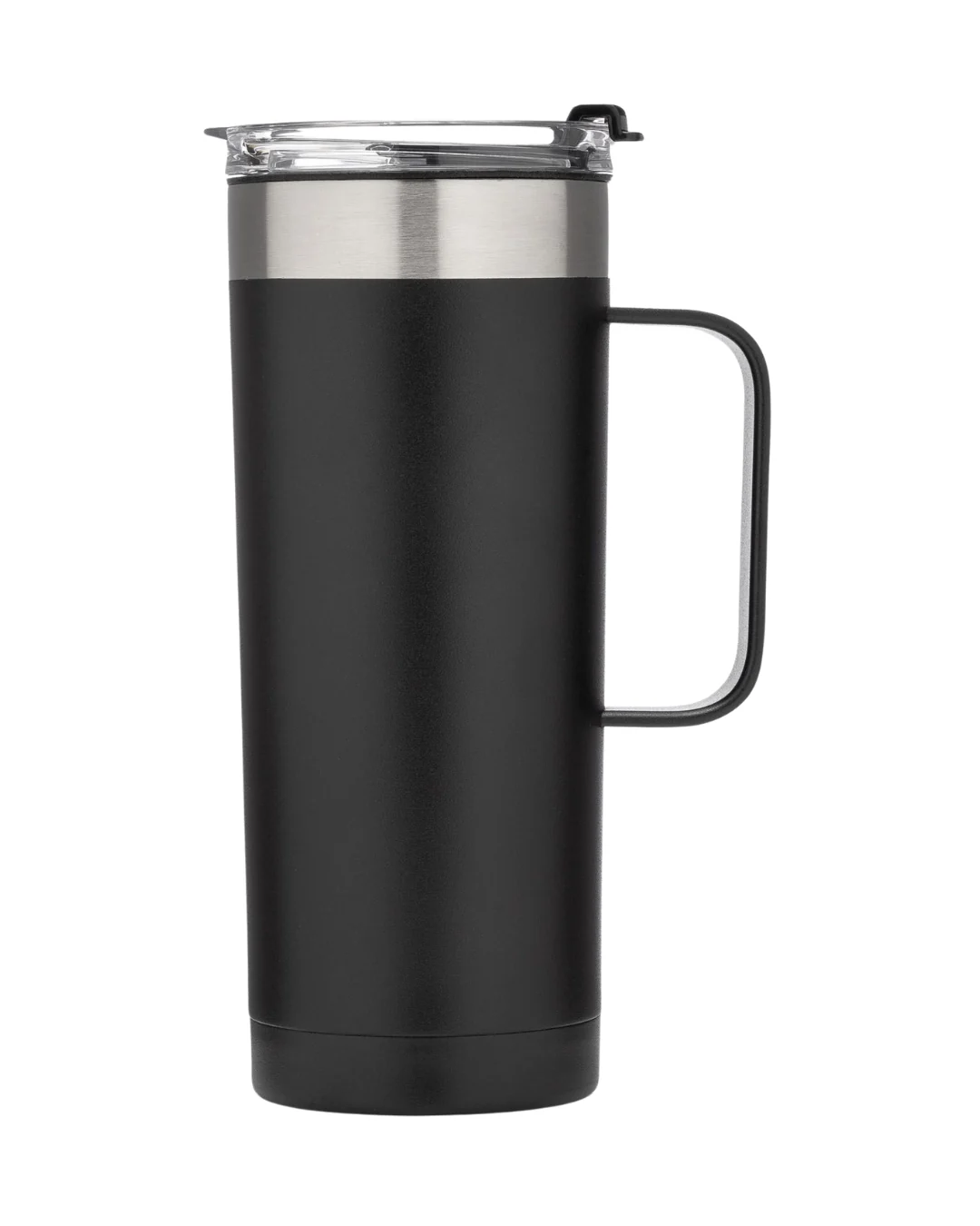 Custom 20 oz insulated coffee tumbler in black with a handle, stainless rim and clear flip-top lid