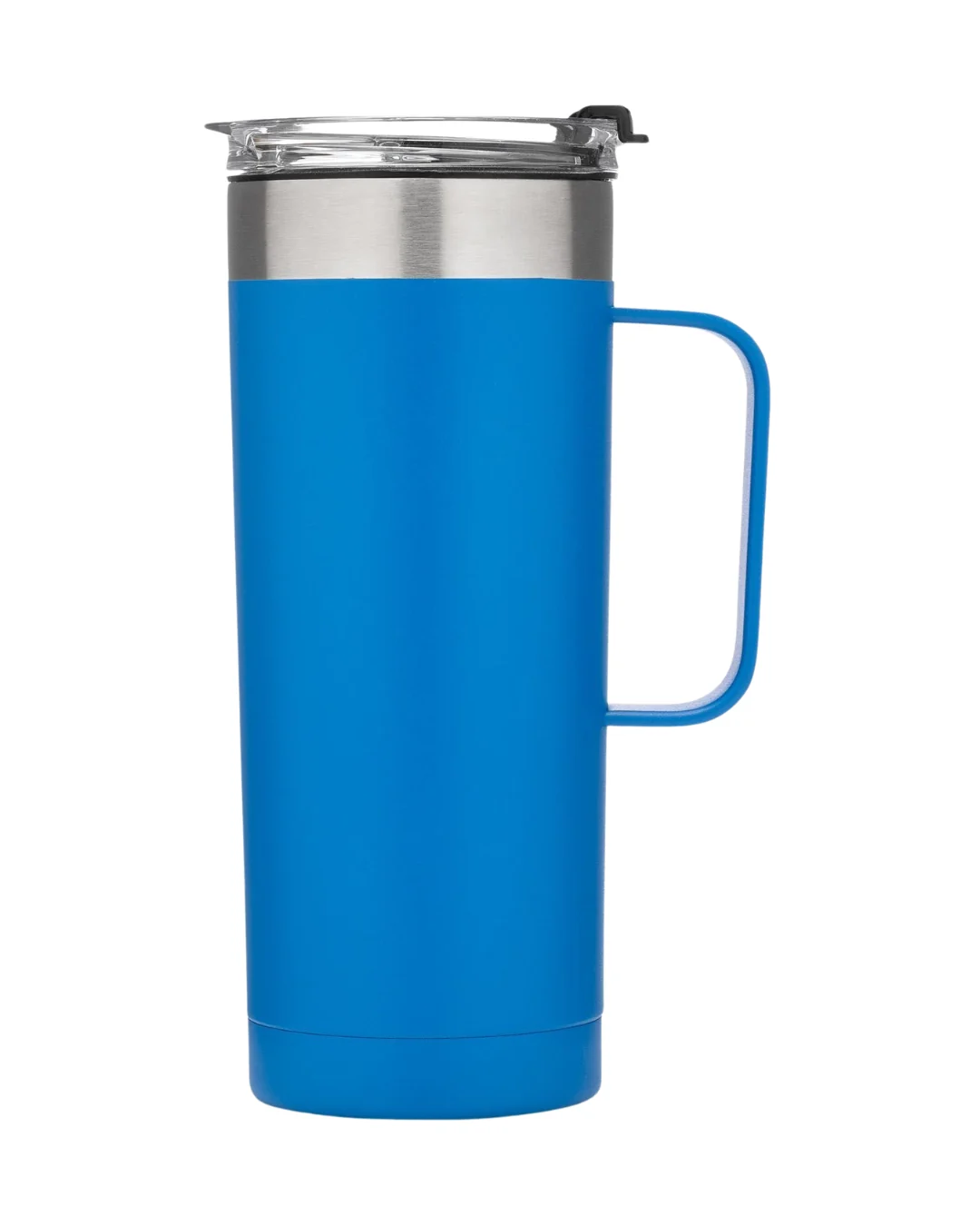 Custom 20 oz insulated coffee tumbler in bright blue with a handle, stainless rim and clear flip-top lid