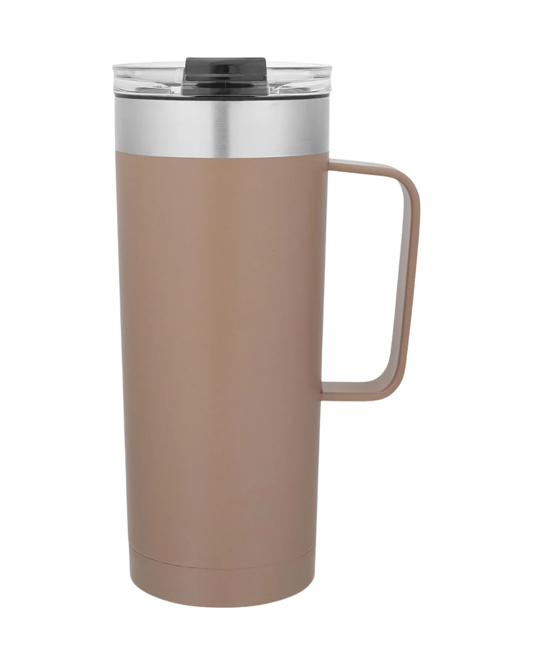 Custom 20 oz insulated coffee tumbler in mocha brown with a handle, stainless rim and clear flip-top lid