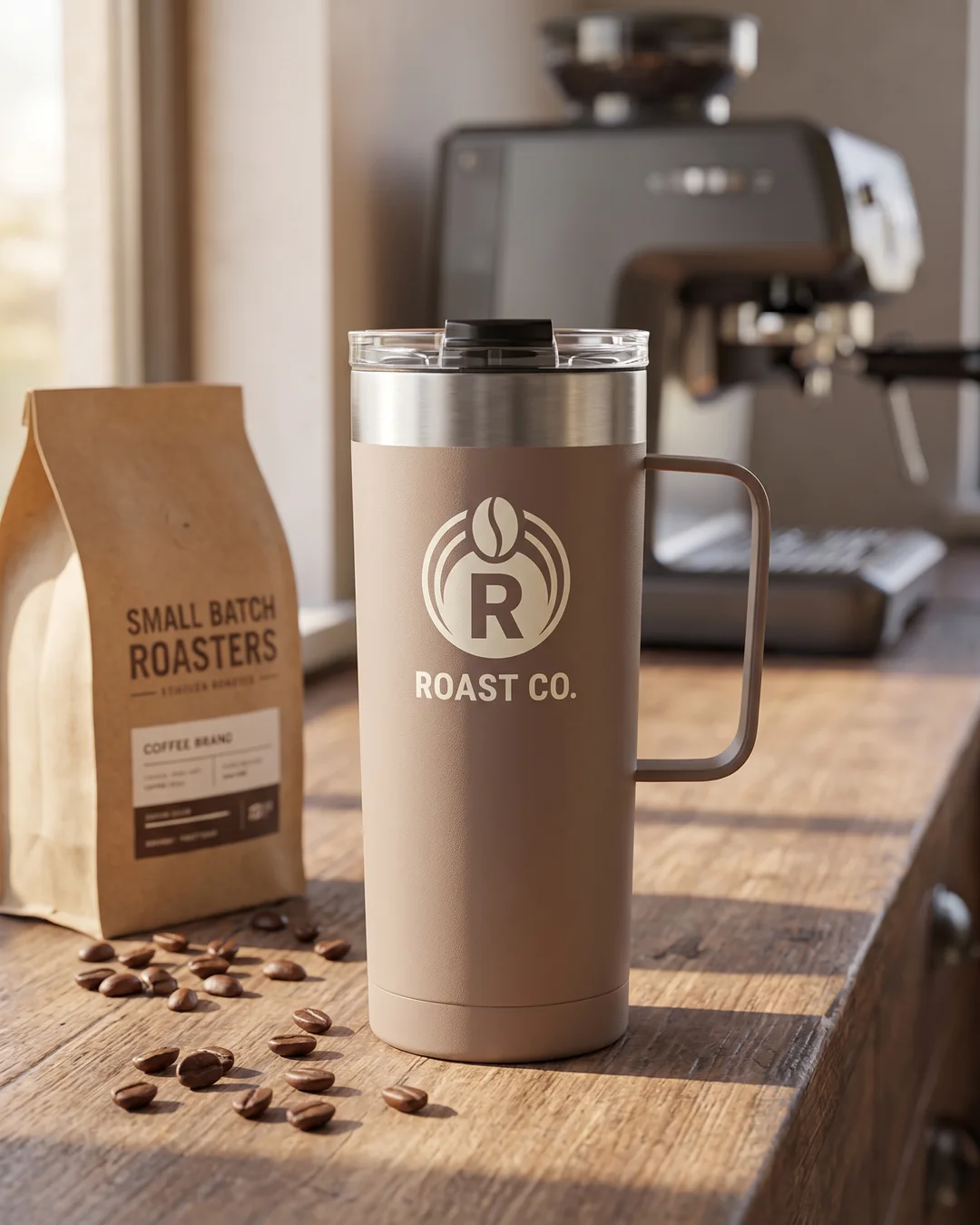 Mocha brown custom coffee tumbler with a coffee roaster logo on a cafe counter beside a bag of beans