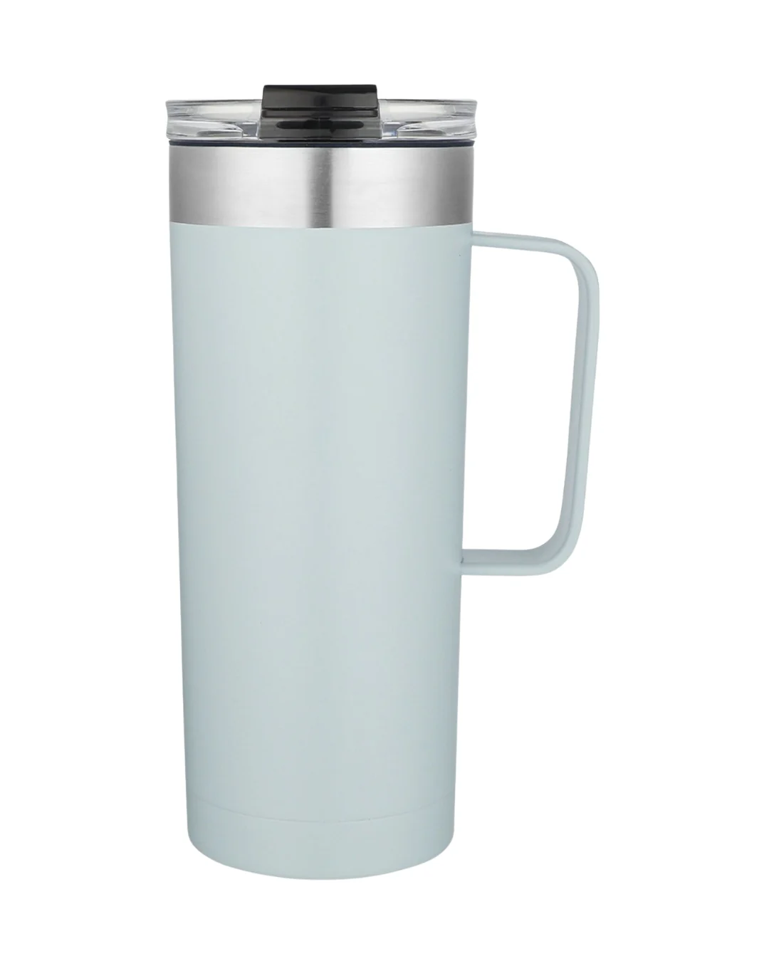 Custom 20 oz insulated coffee tumbler in light blue with a handle, stainless rim and clear flip-top lid