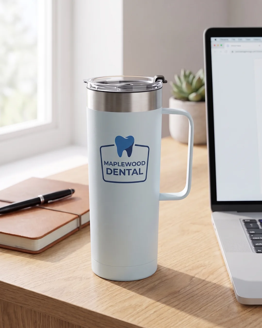 Light blue custom coffee tumbler with a dental practice logo on an office desk beside a laptop