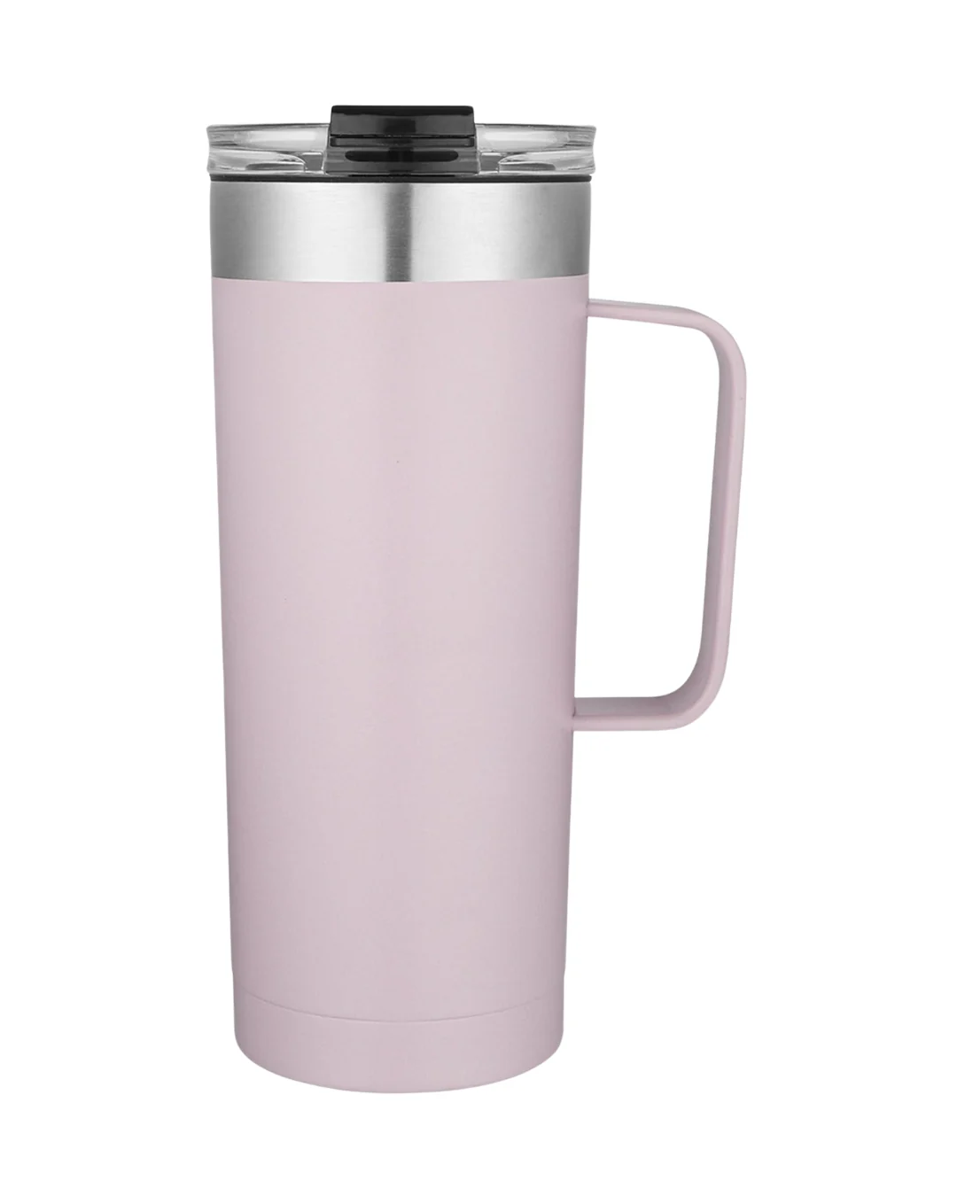Custom 20 oz insulated coffee tumbler in blush pink with a handle, stainless rim and clear flip-top lid
