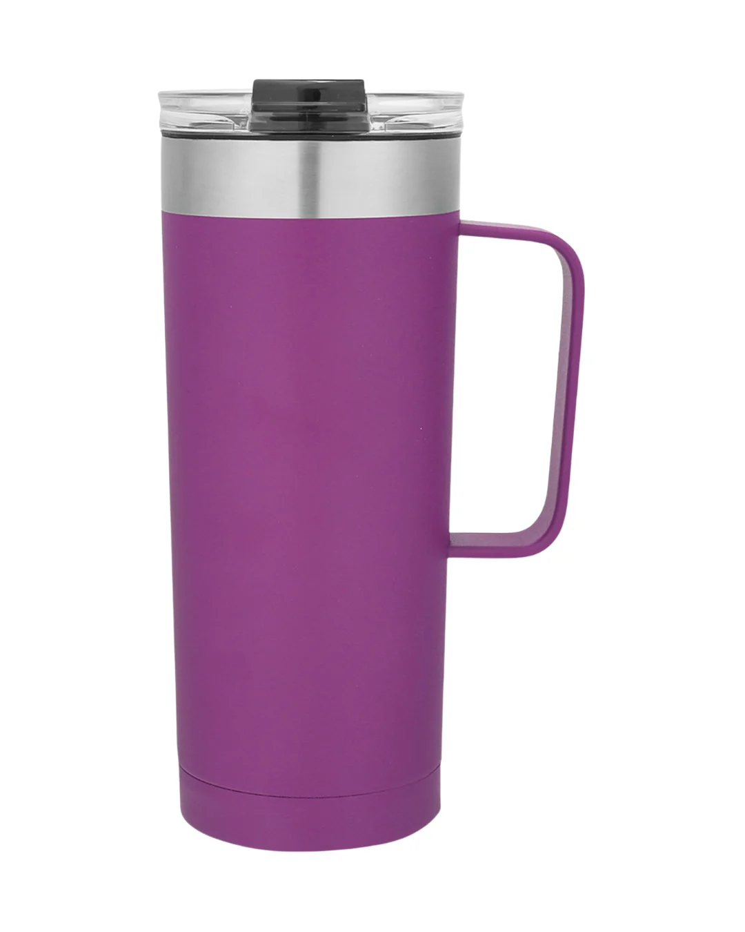Custom 20 oz insulated coffee tumbler in purple with a handle, stainless rim and clear flip-top lid