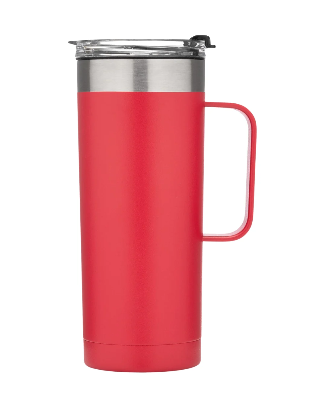 Custom 20 oz insulated coffee tumbler in red with a handle, stainless rim and clear flip-top lid
