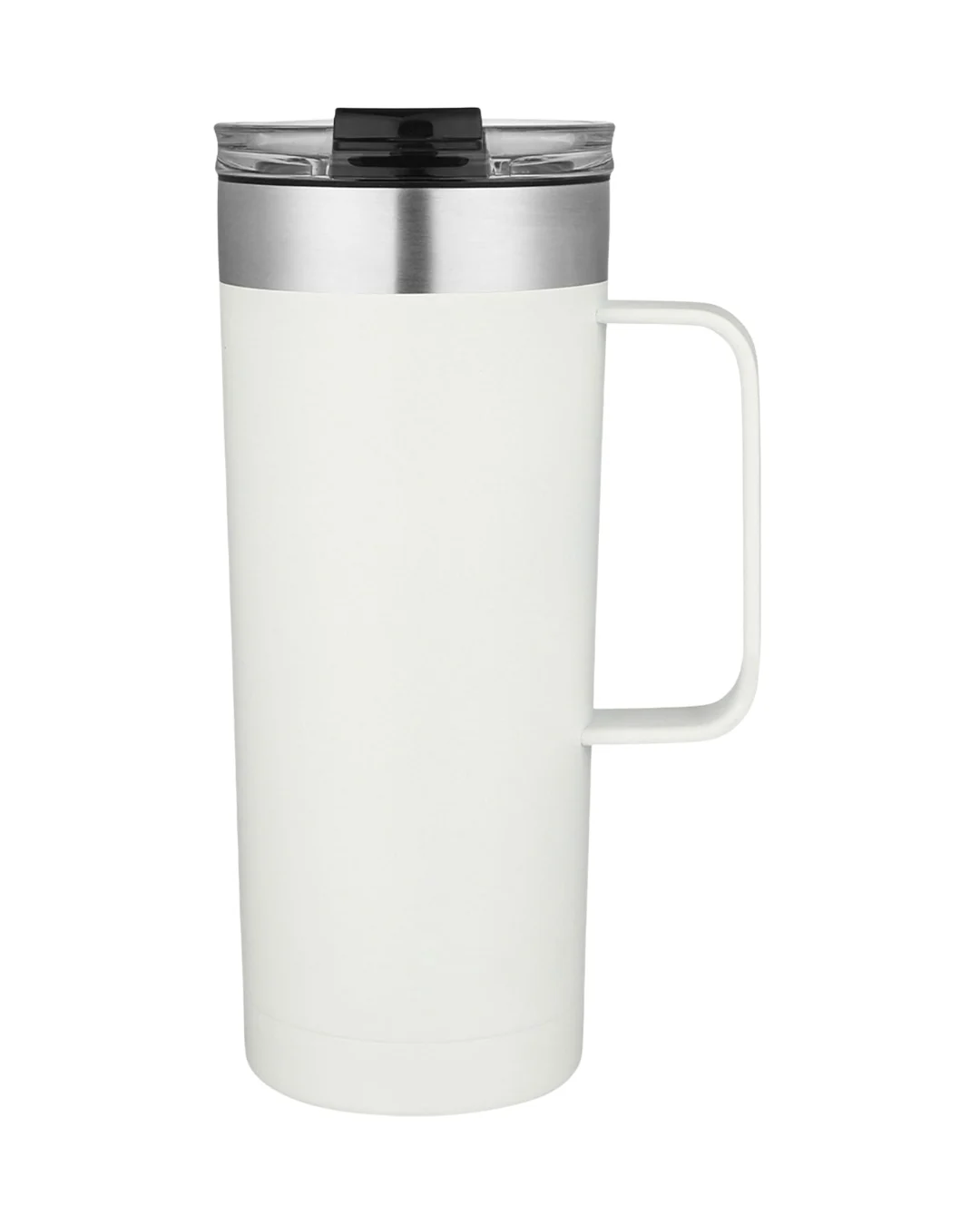 Custom 20 oz insulated coffee tumbler in white with a handle, stainless rim and clear flip-top lid