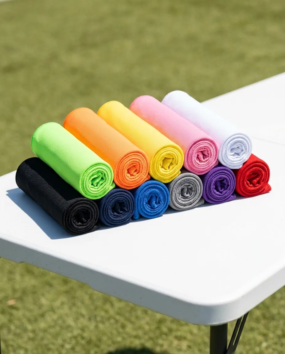 Custom cooling towels in eleven colors rolled and stacked on a sideline table