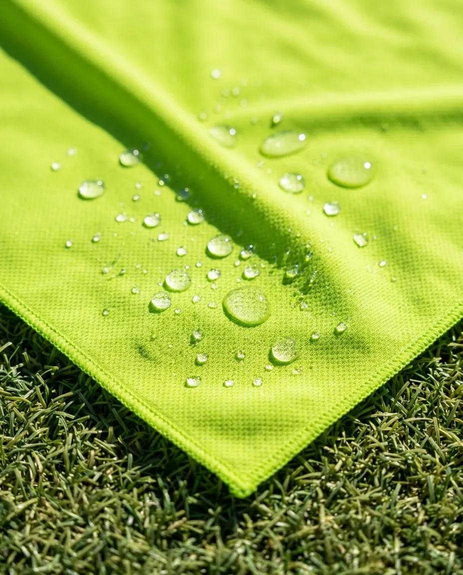 Custom cooling towels close-up, neon green hyper-evaporative polyester knit with water droplets and hemmed edge