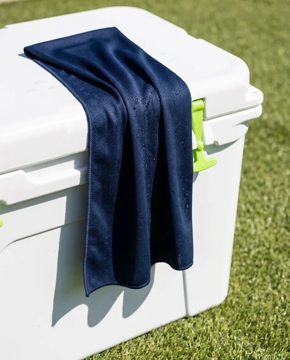 Custom cooling towels, navy 34 x 12 inch hyper-evaporative polyester towel draped damp over a cooler lid