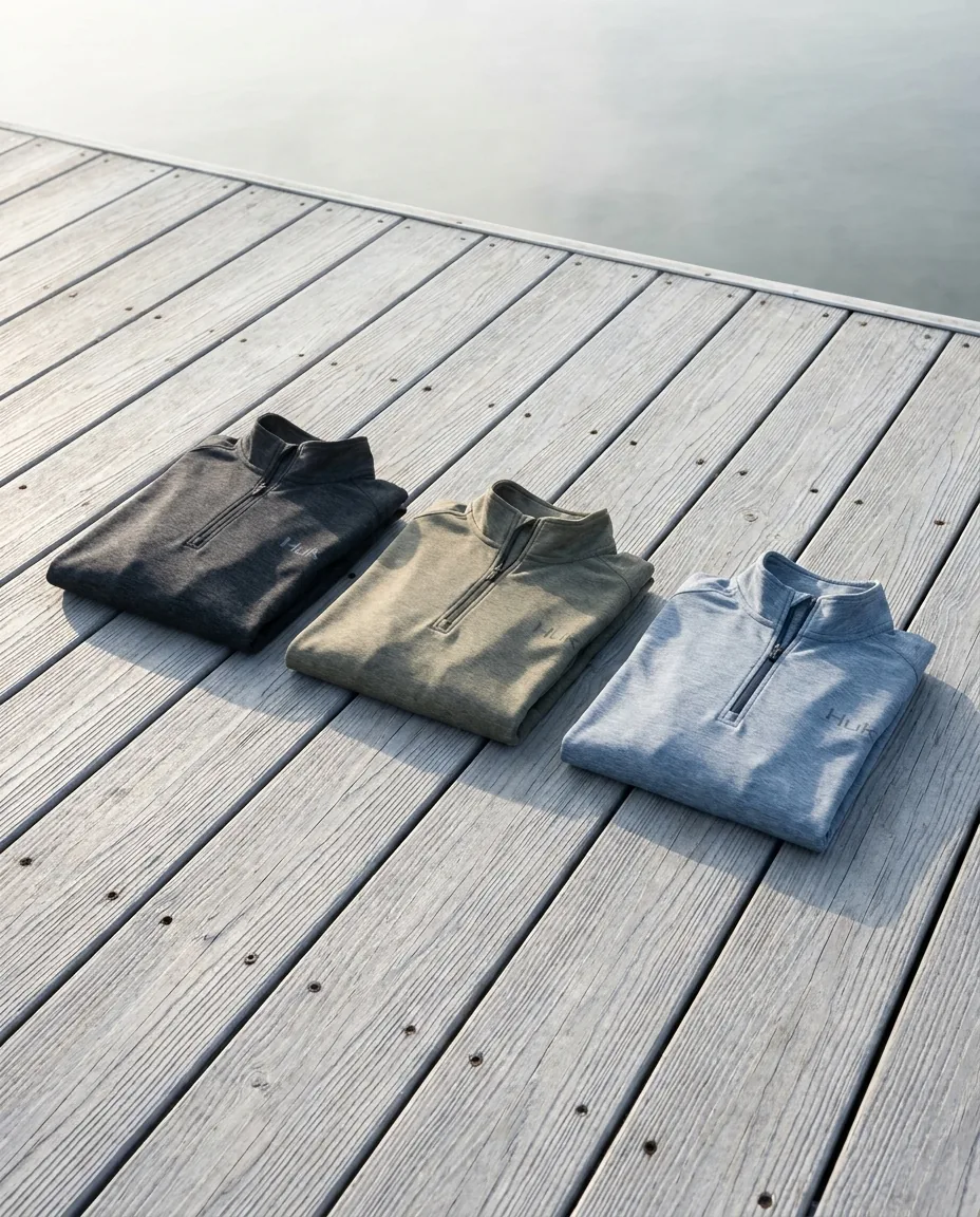 Custom embroidered quarter zips in three HUK heather colors folded on dock boards