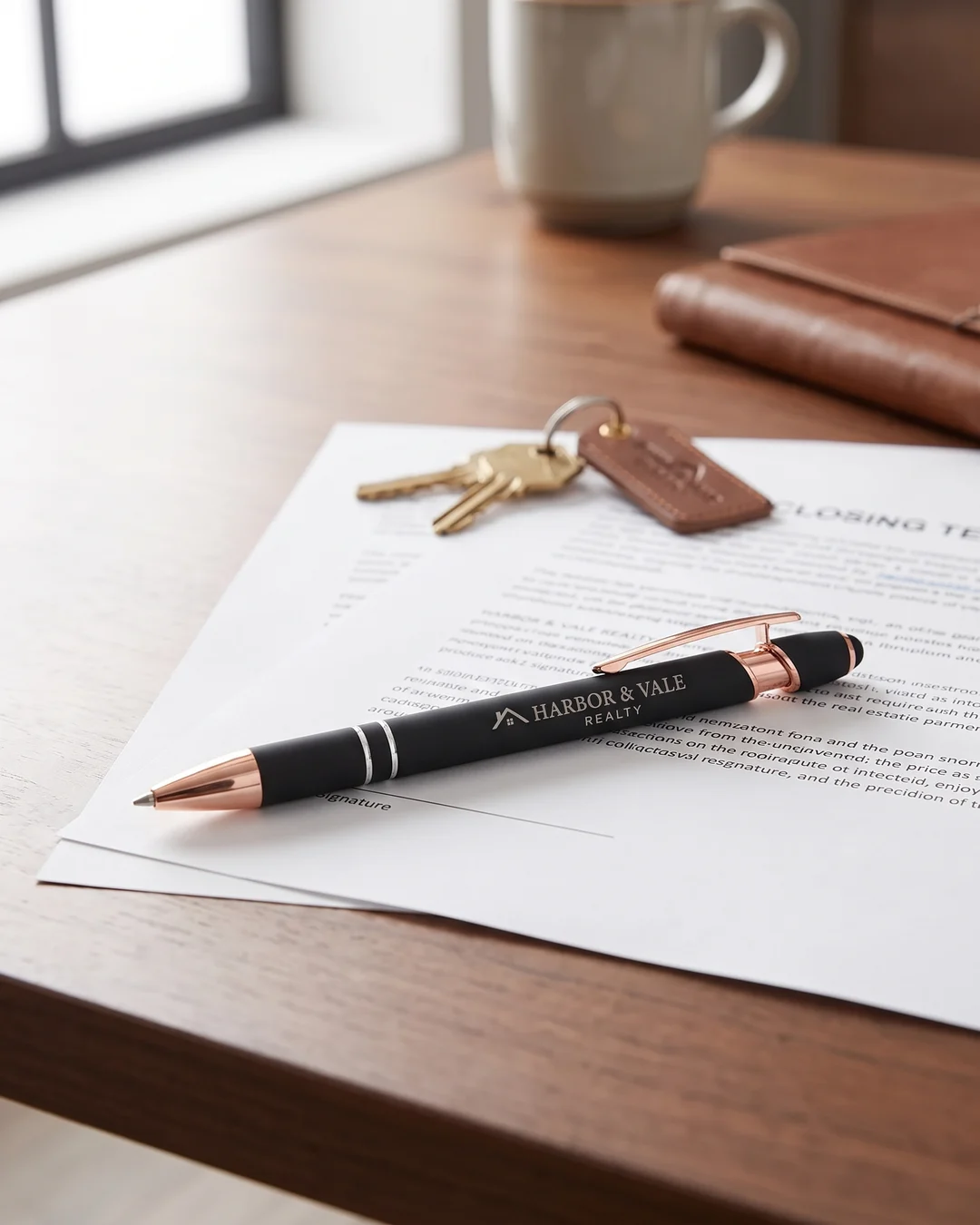 Black custom engraved pen with a Harbor and Vale Realty logo lasered into the soft-touch barrel, lying on a closing document beside house keys