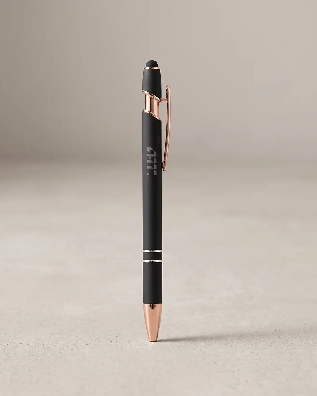 Custom engraved pens in eleven soft-touch colors with rose gold trim