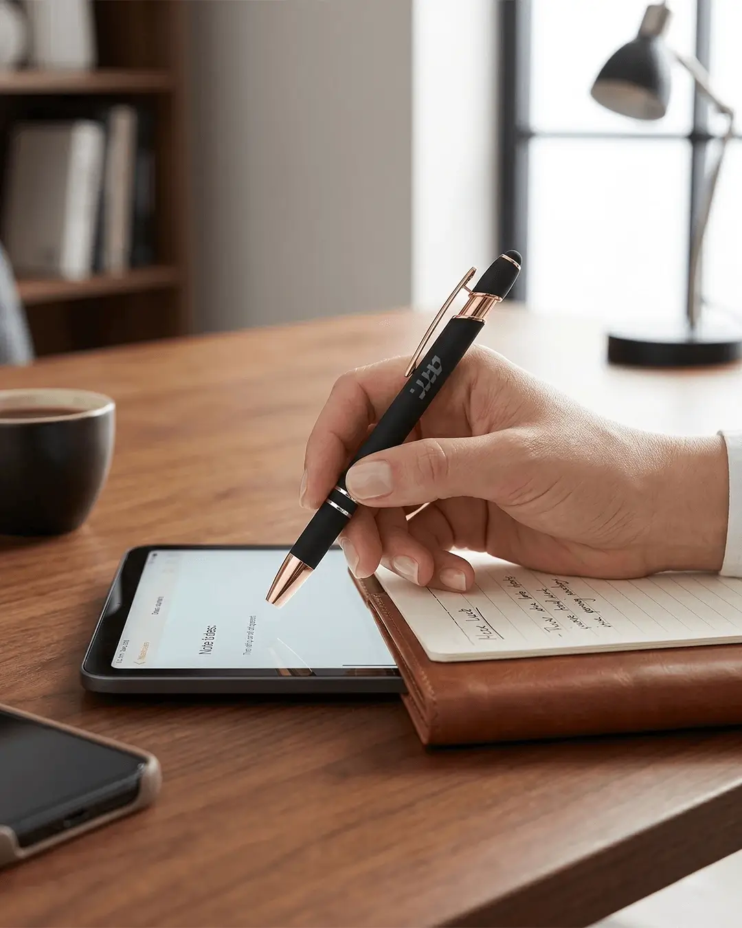 Custom engraved pens showing the rose gold clip and tip