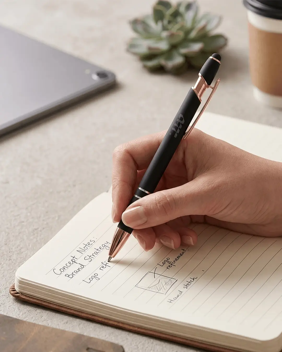 Custom engraved pen with a soft-touch barrel and stylus tip in use