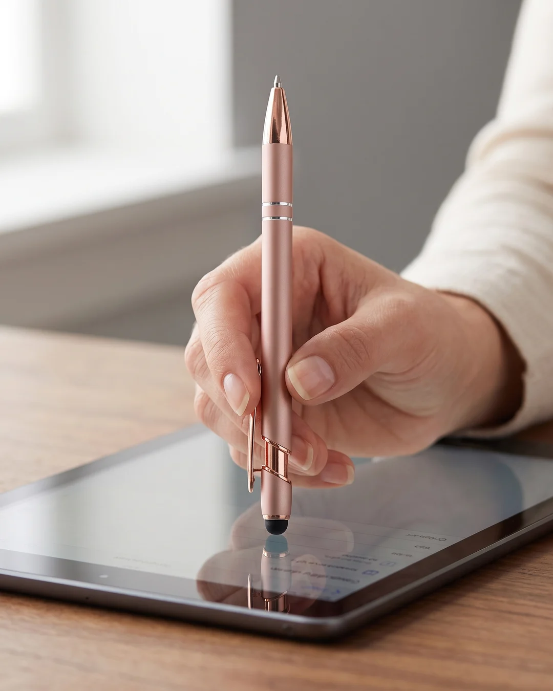 Close-up of a custom engraved pen's rose gold stylus tip signing on a tablet screen
