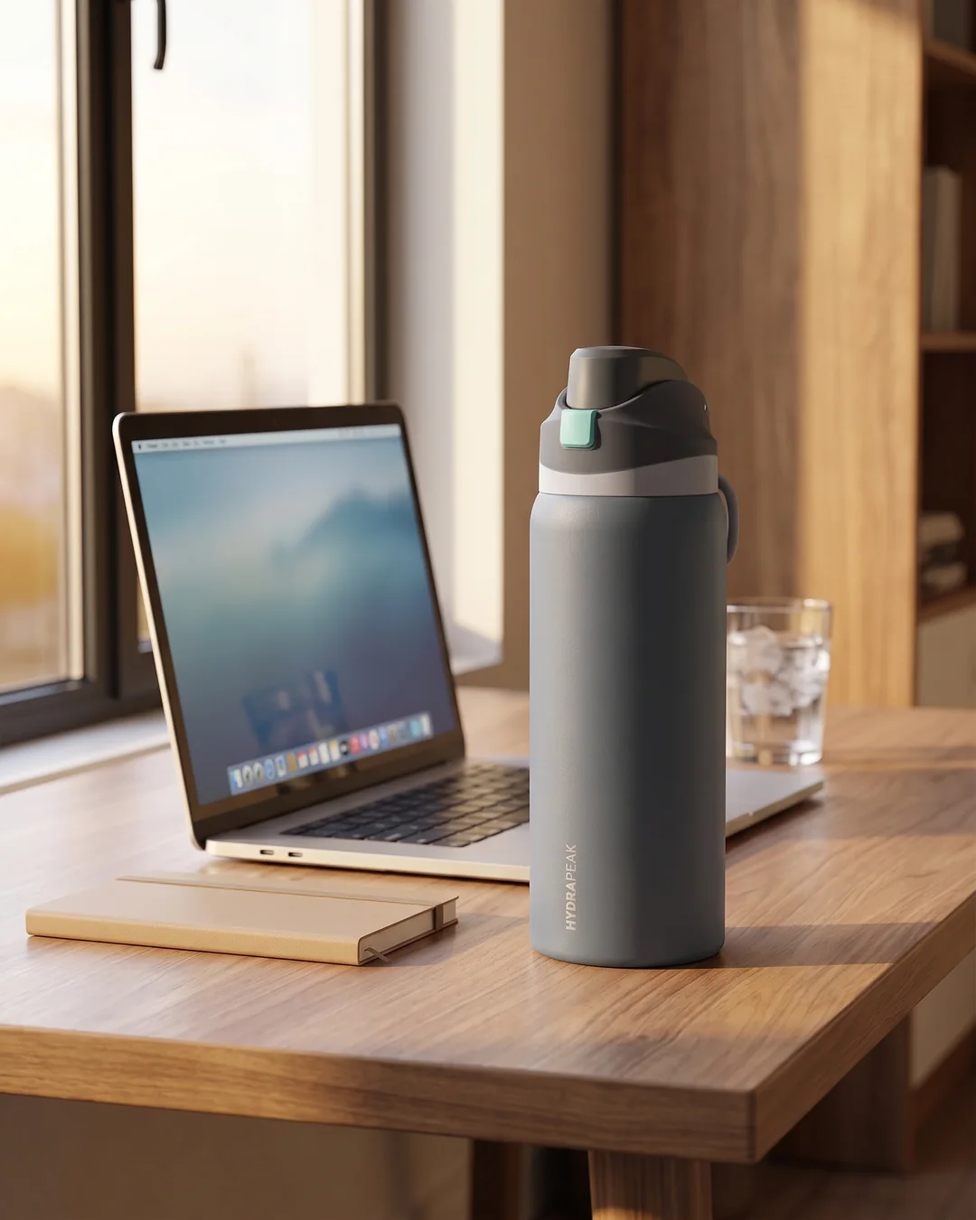 Hydrapeak 32 oz Oasis insulated water bottle in Nightfall Blue on a walnut desk beside a laptop and a glass of ice water at golden hour