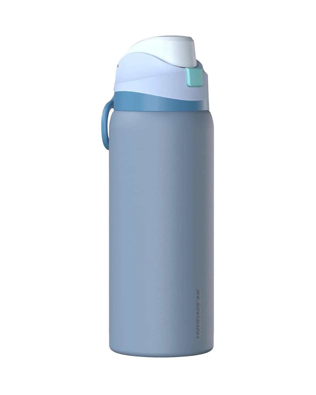 Hydrapeak 32 oz Oasis insulated water bottle in Modern Blue with a two-tone push-button chug lid and carry handle, ready for a custom engraved logo