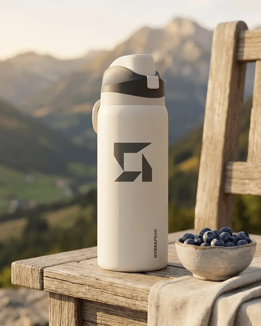 Custom Hydrapeak 32 oz Oasis water bottle with a logo on a wooden table in the mountains beside a bowl of blueberries
