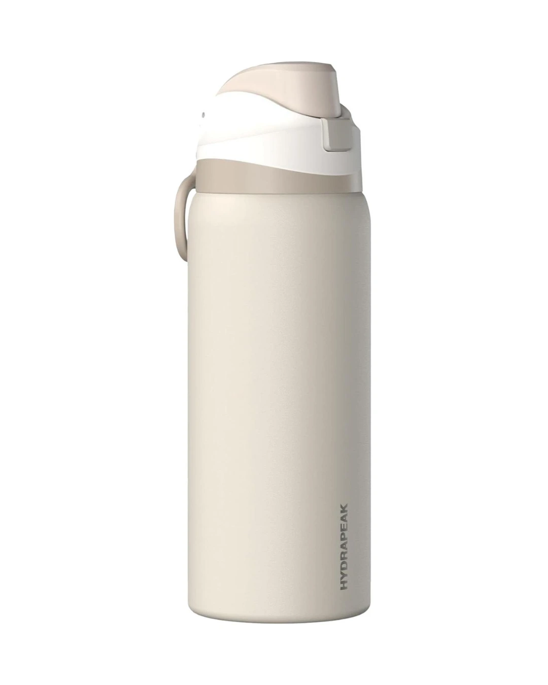Hydrapeak 32 oz Oasis insulated water bottle in Stone with a two-tone push-button chug lid and carry handle, ready for a custom engraved logo