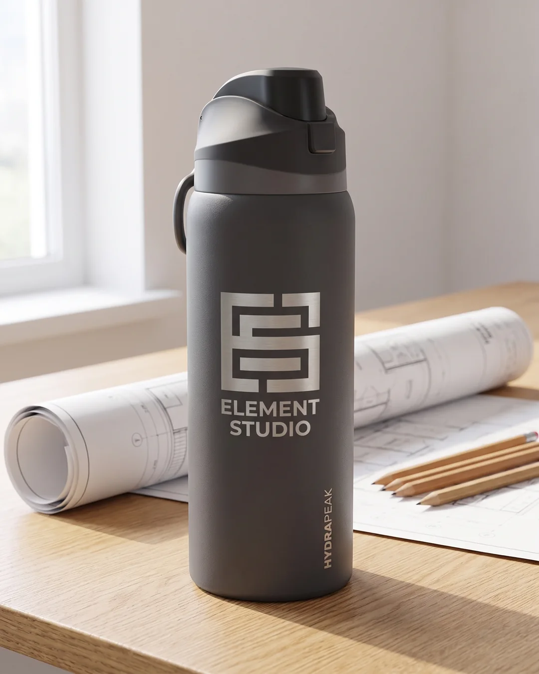 Custom engraved Hydrapeak 32 oz Oasis water bottle in Gray Matter with a laser engraved logo showing bare satin steel through the powder coat