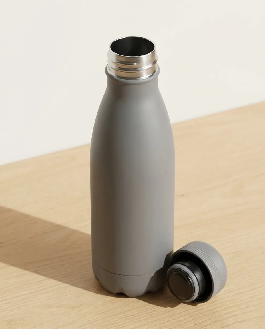 Custom insulated water bottles close-up, matte gray 17 oz bottle with the screw cap off showing the rubber seal