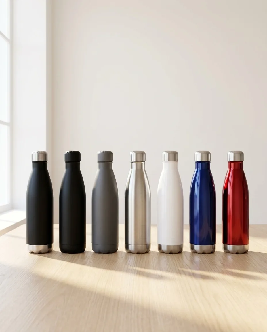 Custom insulated water bottles in seven finishes lined up on an oak desk
