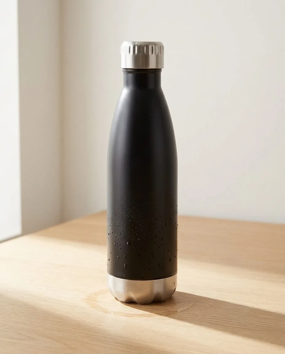 Custom insulated water bottles, matte black 17 oz stainless steel vacuum bottle with silver cap on a desk