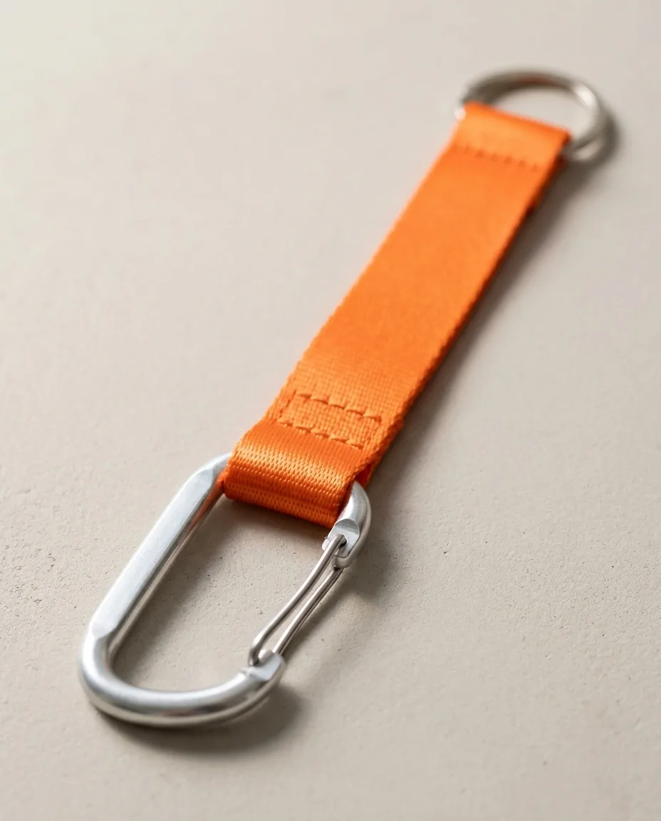 Custom lanyard keychains close-up, orange polyester strap folded through an aluminum carabiner with bar-tack stitching