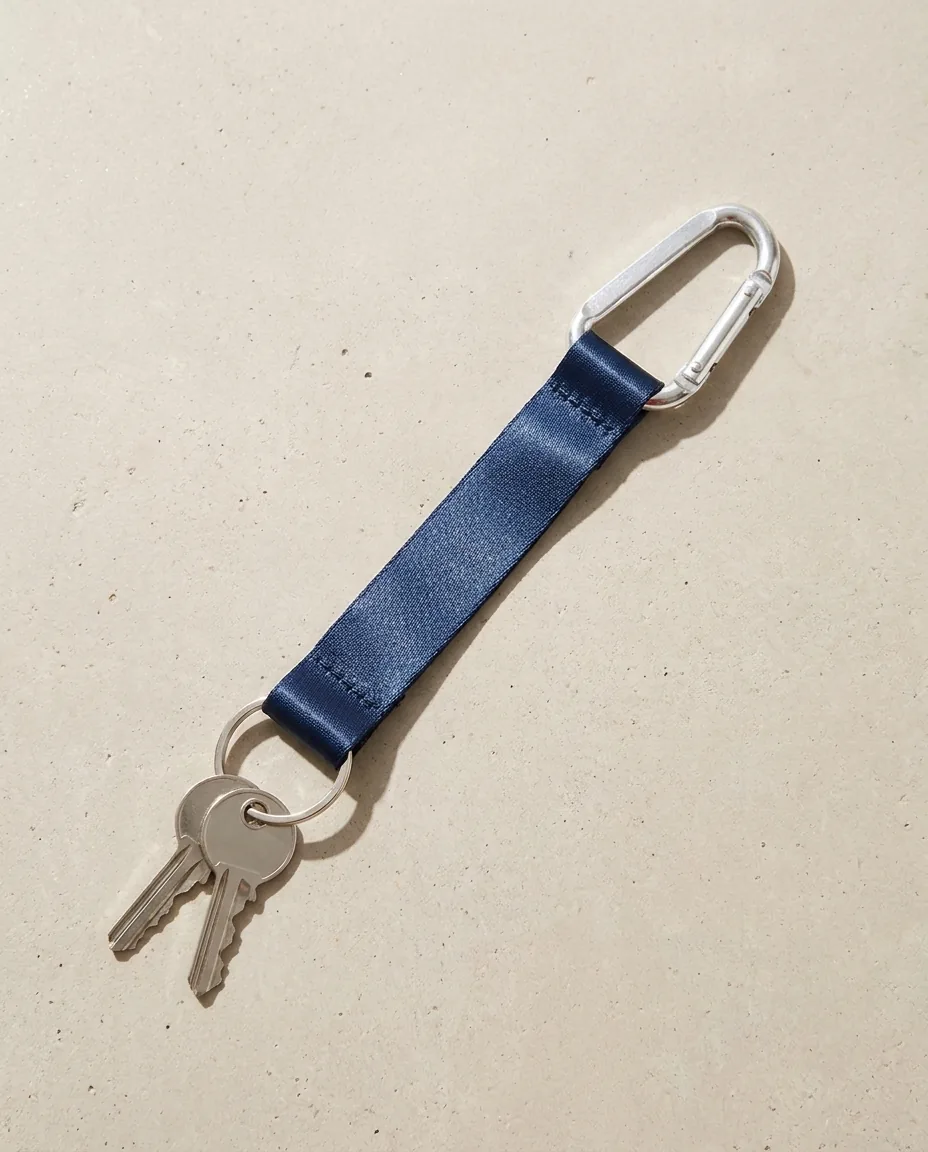 Custom lanyard keychains, navy 5 inch full color polyester strap with aluminum carabiner and split key ring holding two keys