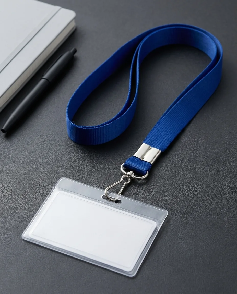 Custom lanyard in royal blue clipped to a blank ID badge holder on a charcoal desk