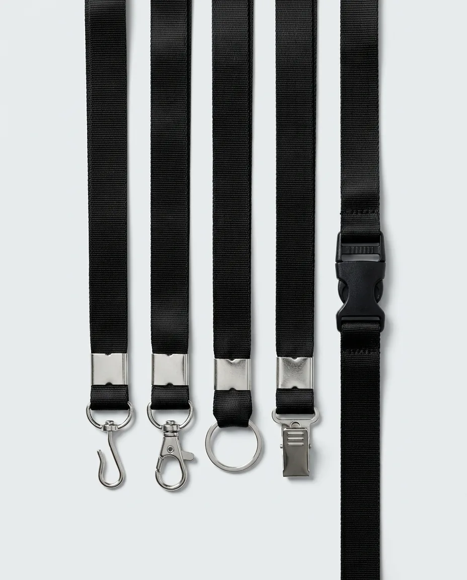 Custom lanyard attachments side by side, j-hook, lobster claw, key ring, bulldog clip and breakaway clasp on black 3/4 inch straps