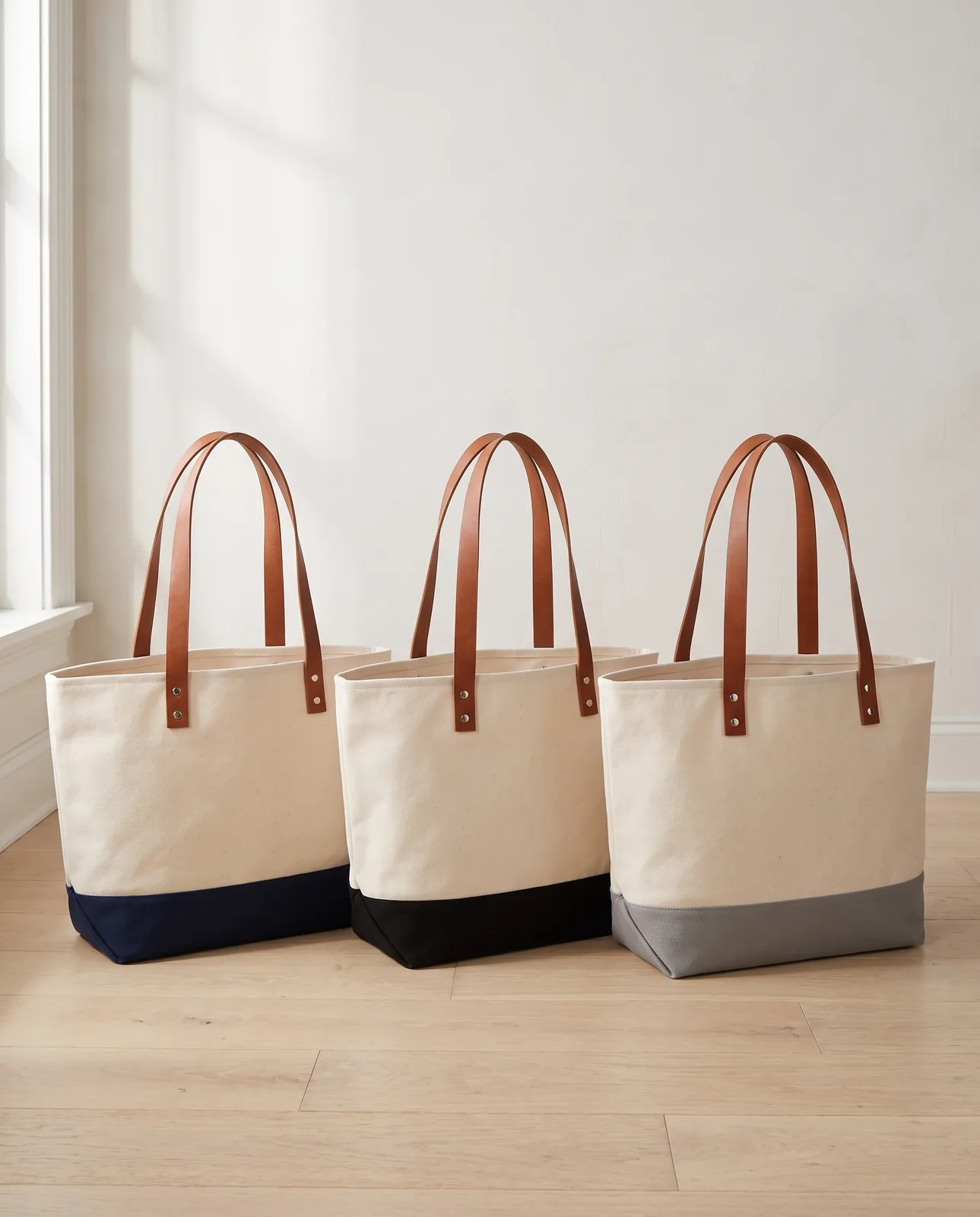 Custom large tote bags with leather handles in Natural / Navy Blue, Natural / Black and Natural / Gray lined up on an oak floor