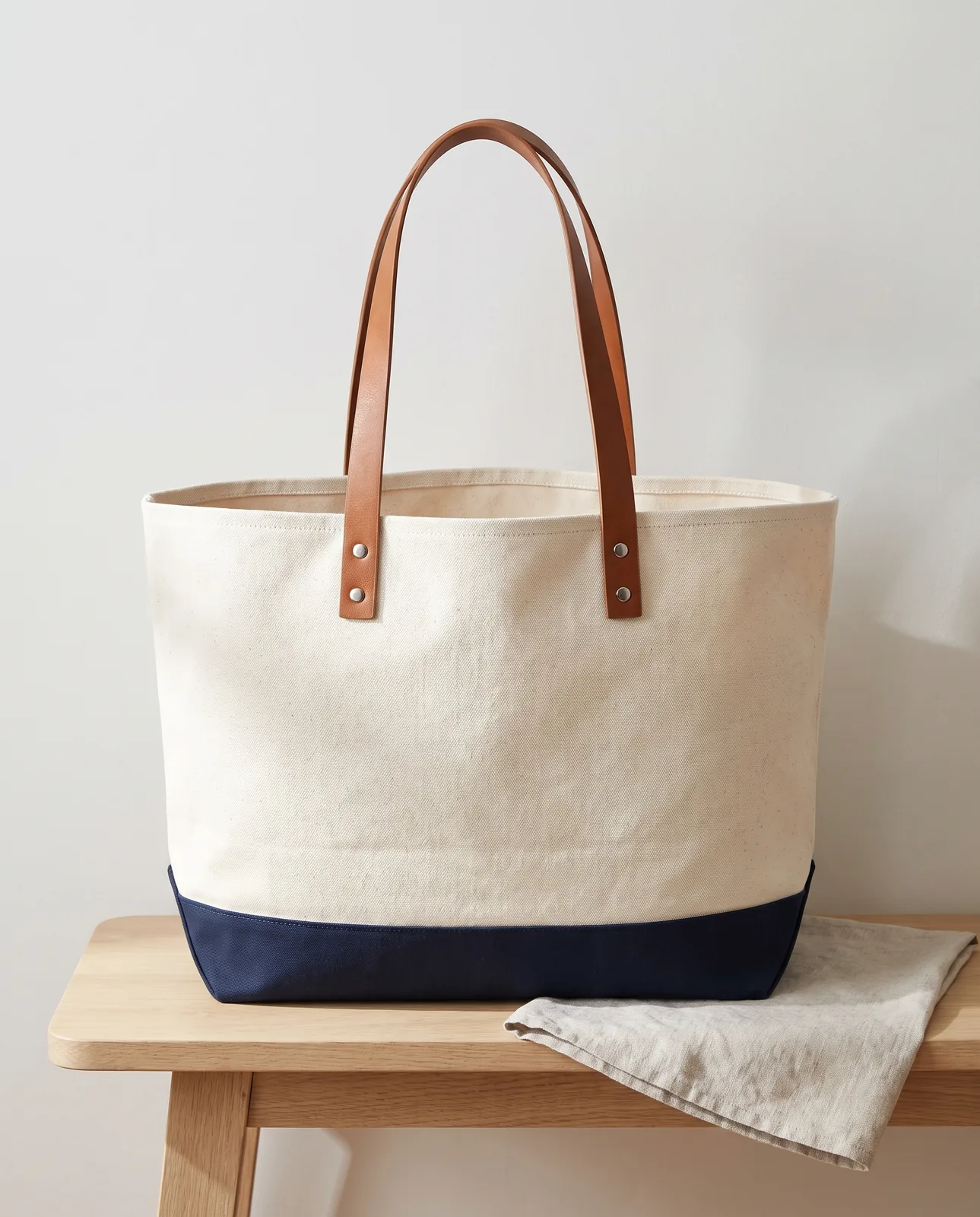 Custom large tote bags with leather handles, natural 18 oz canvas with a navy base and tan vegan leather handles on an oak bench