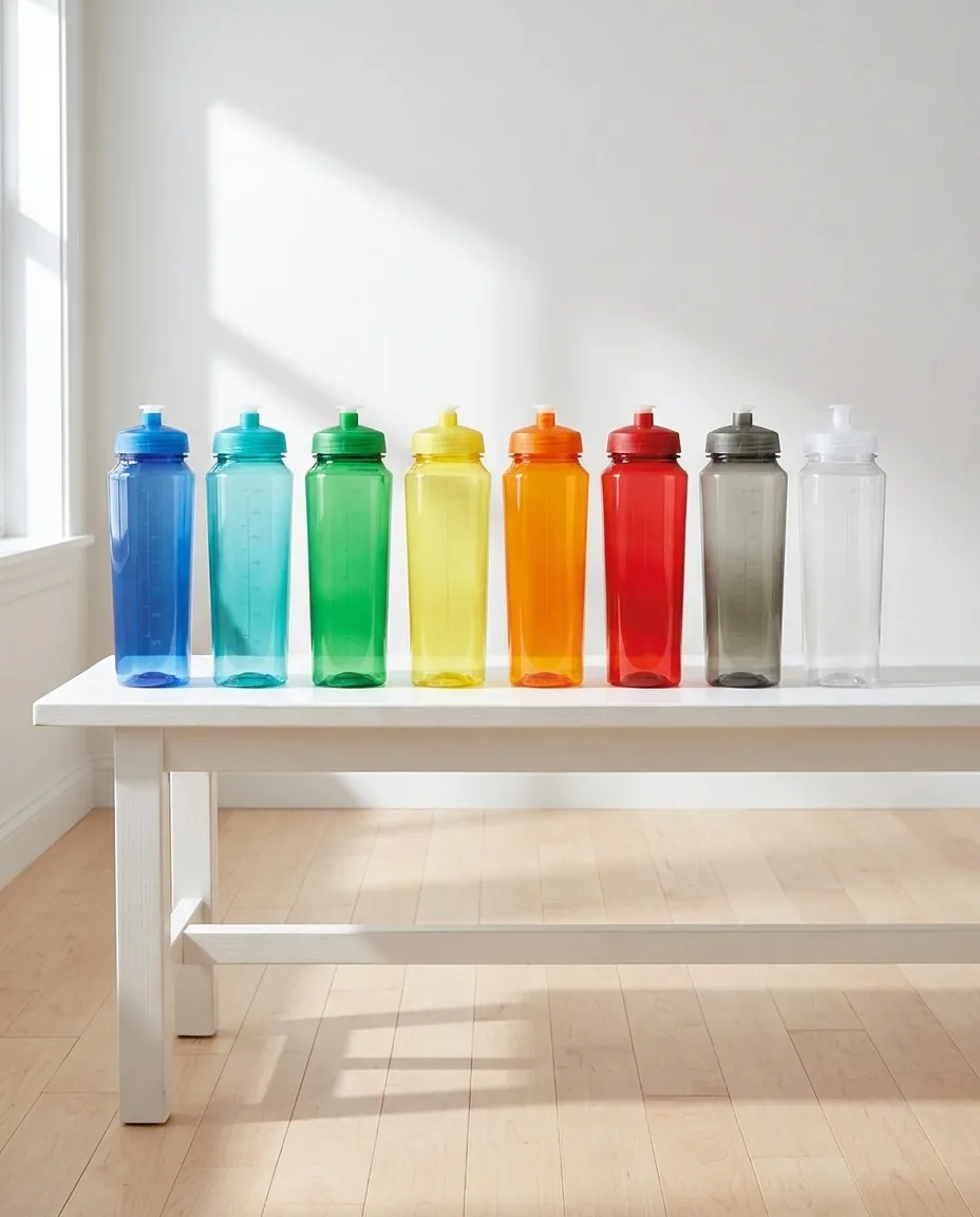 Custom plastic water bottles in eight translucent colors lined up on a bench