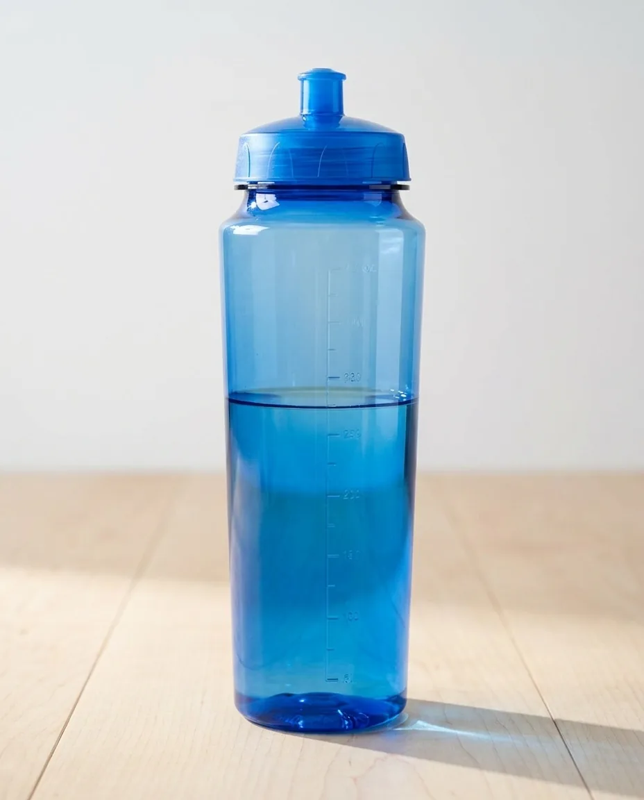 Custom plastic water bottles, translucent blue 24 oz PET bottle with molded measurements and push-pull lid