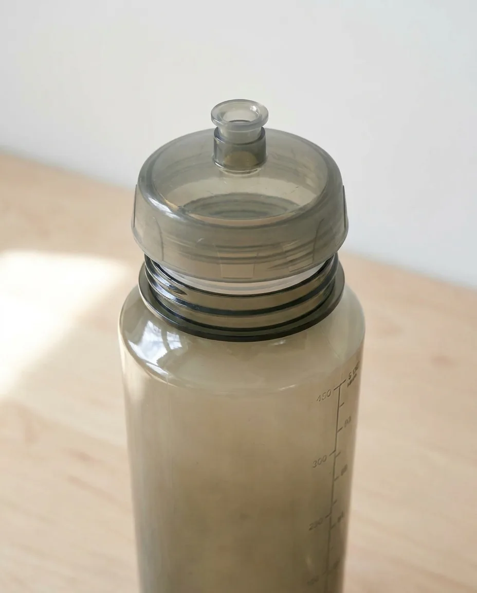 Custom plastic water bottles close-up, smoke gray push-pull lid and molded ounce scale on a 24 oz PET bottle
