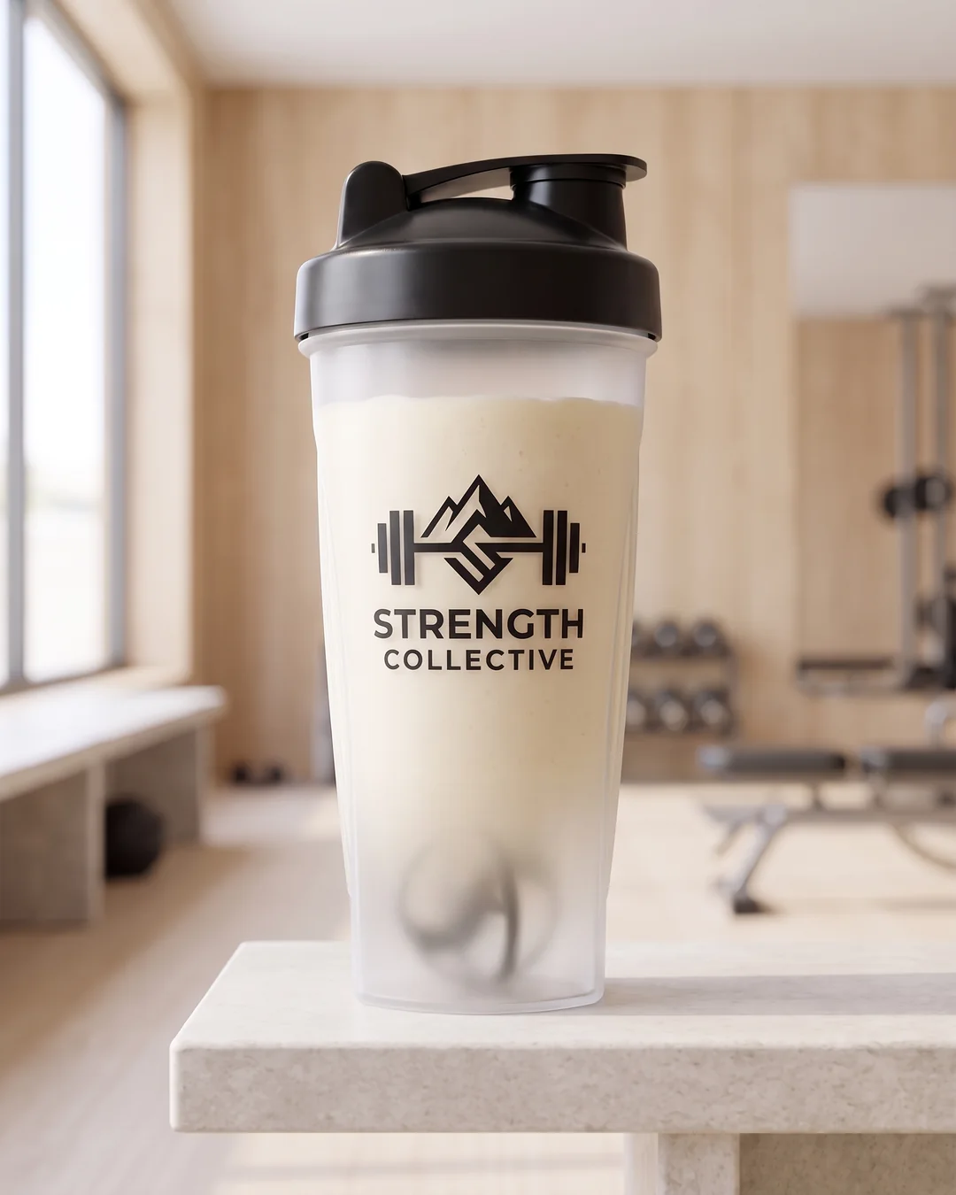 Custom shaker bottle with a black lid, filled with a vanilla protein shake and a black screen-printed gym logo on the front, in a bright gym