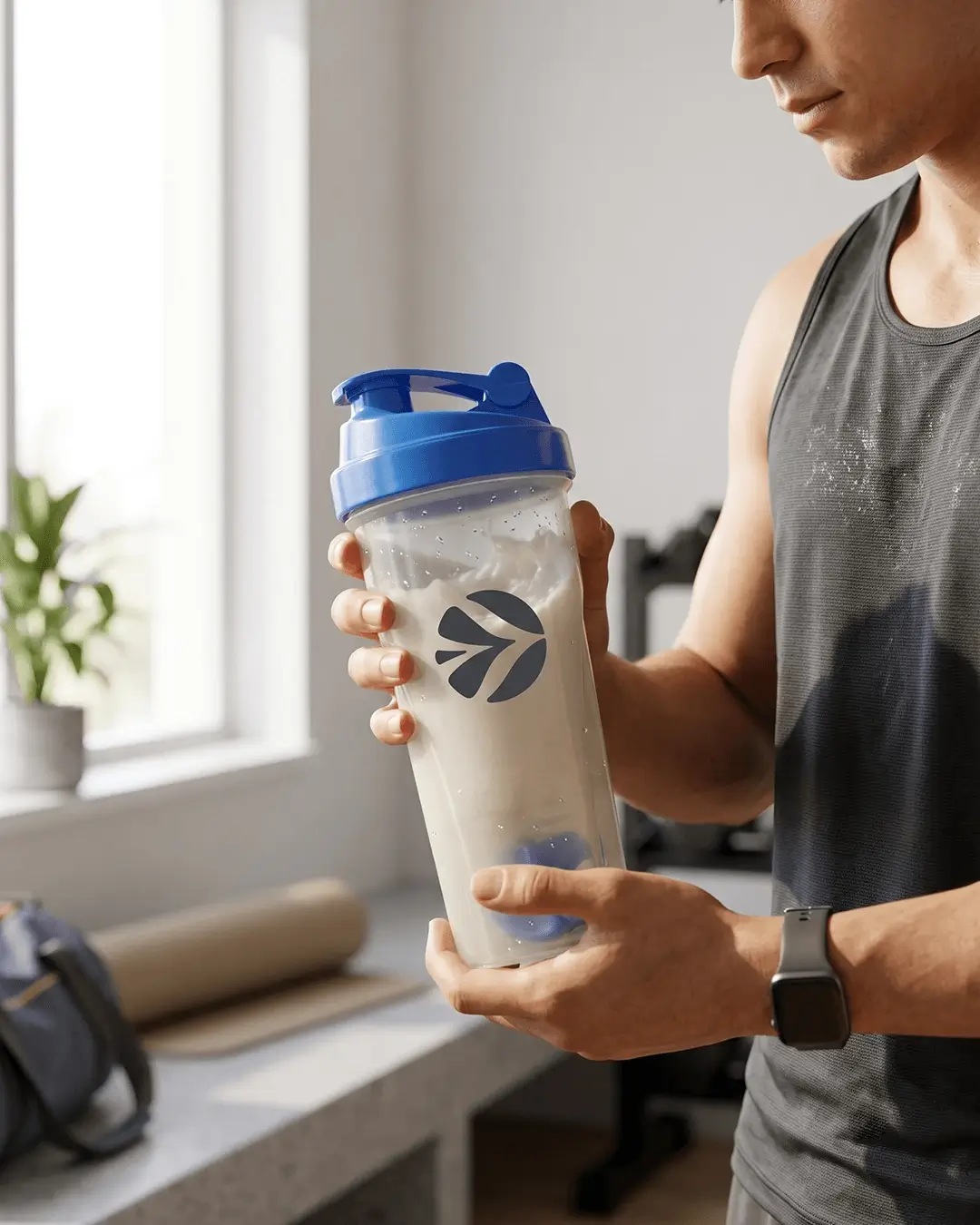 Man holding a custom shaker bottle filled with a protein shake and a printed logo on the front