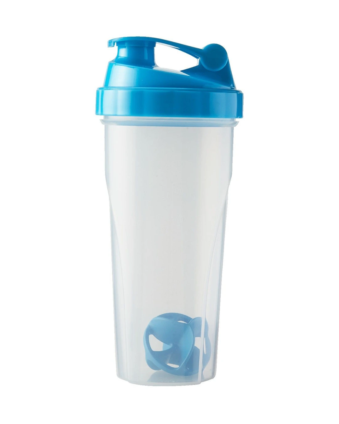 Custom 24 oz shaker bottle with a frosted cup, a light blue flip-top lid and a light blue Vortex mixing ball